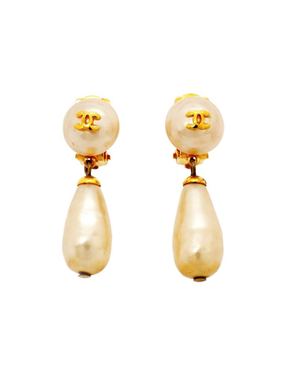Chanel Earrings Vintage CC Logo Gold Plated Faux Pearl